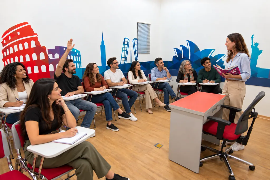 Turma de jovens e adultos em aula, com um aluno levantando a mão para falar com a professora diante do mural de pontos turísticos do mundo