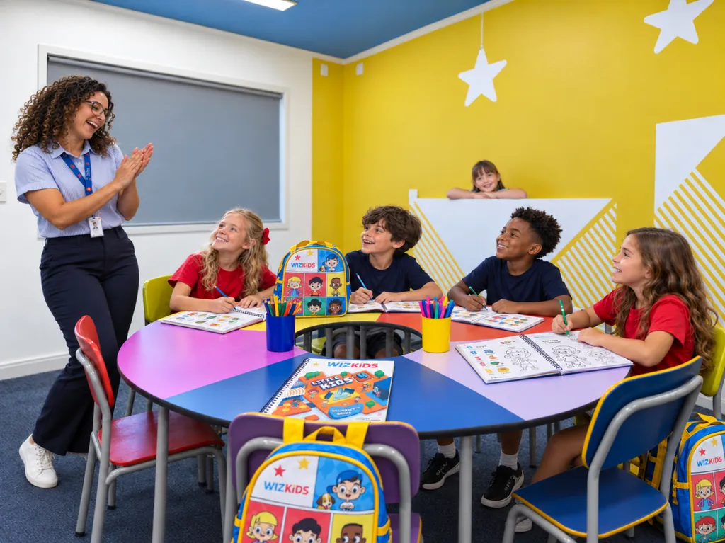 Professora aplaudindo a turma Little Kids, com as crianças sorrindo ao redor de uma mesa colorida com os livros e as mochilas do curso